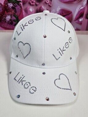 White Jeweled 'Likee' Heart Embellished Baseball Cap